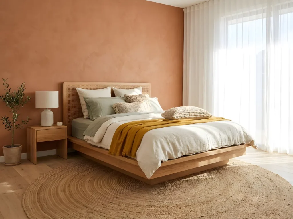 Real-life interior photography of a stunning, wide-angle peaceful bedroom centered around a neatly made low-profile wooden bed with crisp cream and sage green washed linen duvet. Beautifully arranged textured pillows and an ochre yellow RGB (204, 153, 0) throw blanket are placed at the foot of the mattress. The focal wall behind the bed features a rich warm terracotta clay shade RGB (204, 119, 85), highlighted by a handcrafted woven cane headboard. Beside the bed, an organized solid oak nightstand holds a ceramic lamp and a small potted green plant. A natural braided jute area rug anchors the clean timber floor. Bright natural light floods through sheer window curtains into the vibrant, spotless, and tidy space, creating a Pinterest-ready reference image for an earthy bedroom retreat.