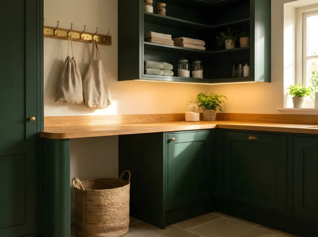 A real-life elegant laundry room in warm and cozy style, deep green cabinetry paired with warm oak countertop, brass hook rail holding neatly hung linen bags, woven basket sitting on the floor, soft warm ambient lighting positioned above the folding counter, neatly arranged and organized, bright natural light supplementing the warm glow, vertical 2:3 composition, vibrant Pinterest-ready stock photography, no people, no text overlays