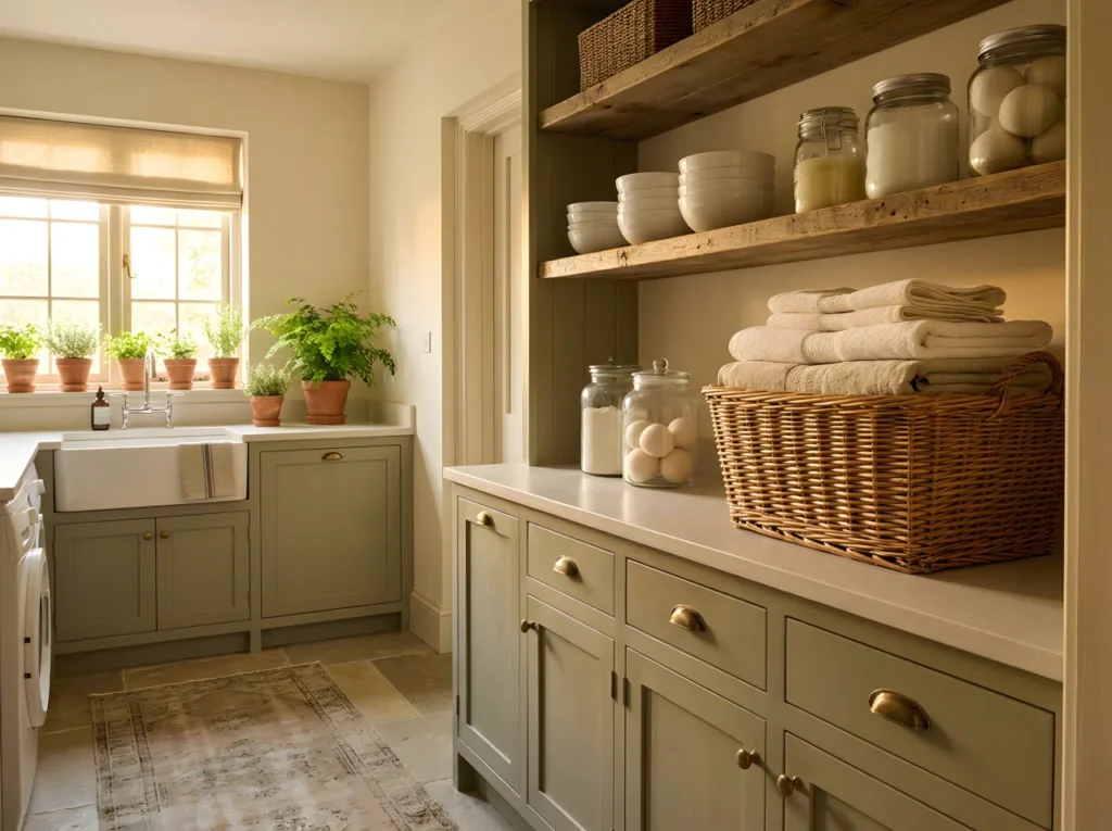 A neatly made farmhouse laundry room with warm reclaimed wood shelving, a woven basket beautifully arranged with folded towels, sage green cabinets, soft golden natural light filling the space, small potted greenery on the windowsill, clean and inviting, vibrant real-life stock photography.