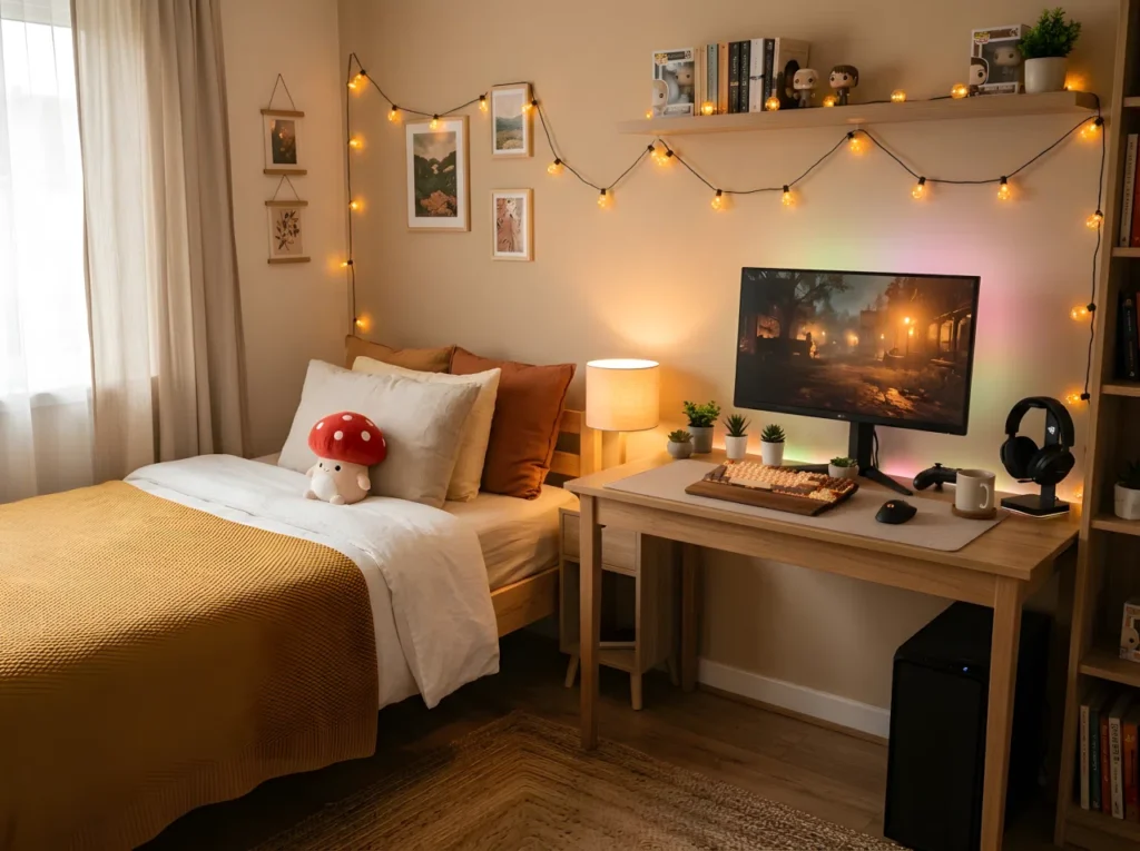 A real-life stock photograph of a warm cozy gaming bedroom in 2:3 vertical format, neatly made bed with soft warm-toned blankets, small red mushroom toy plush resting against the pillow, wooden desk setup with warm string lights RGB(255,183,76) draped along the shelf, soft ambient lamp glow, inviting and relaxed atmosphere, beautifully arranged, organized, clean, no people, no text overlays, shot in real photography style, no illustration, no 3D render