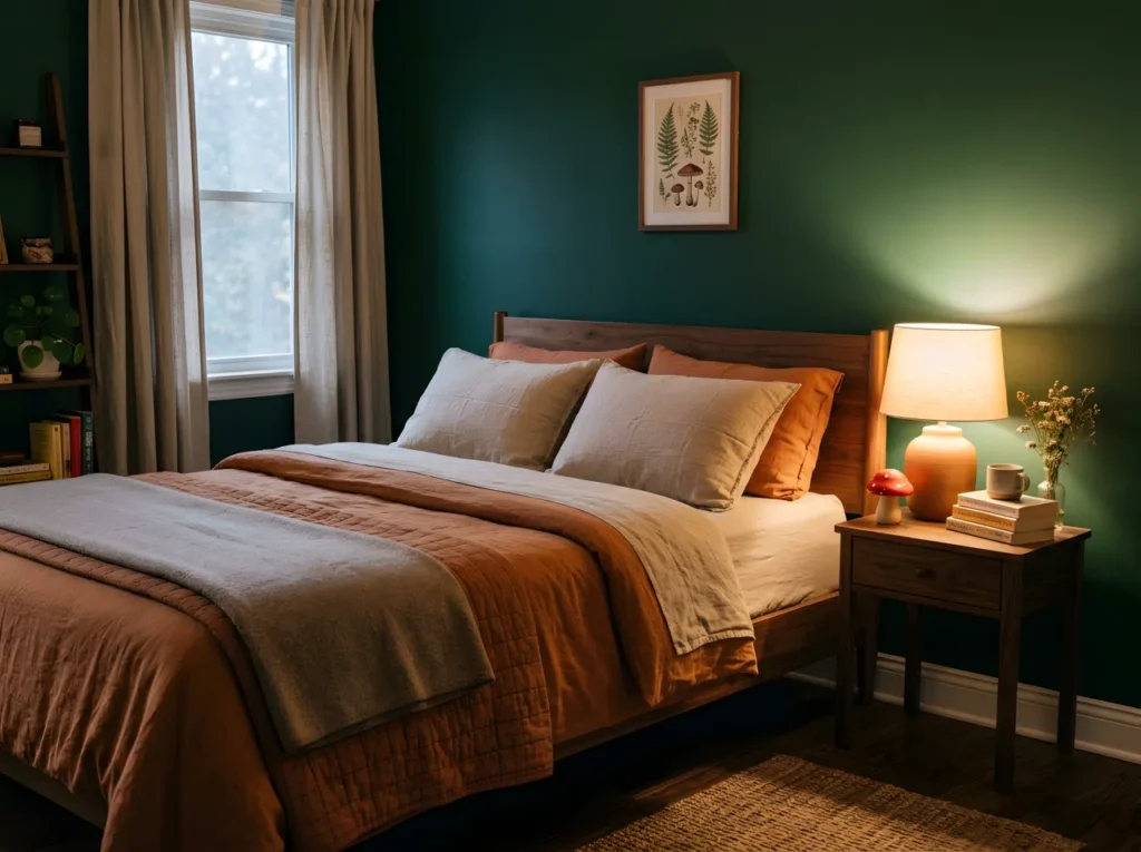 Real-life photograph. Bedroom with deep forest green wall (RGB 34, 68, 51), neatly made bed with warm linen bedding, small red mushroom toy on the nightstand, warm-toned lamp casting soft pooled light beside the bed, walnut wood furniture, beautifully arranged, organized, clean, cozy evening ambiance, stock photography style, no people, no text overlays.