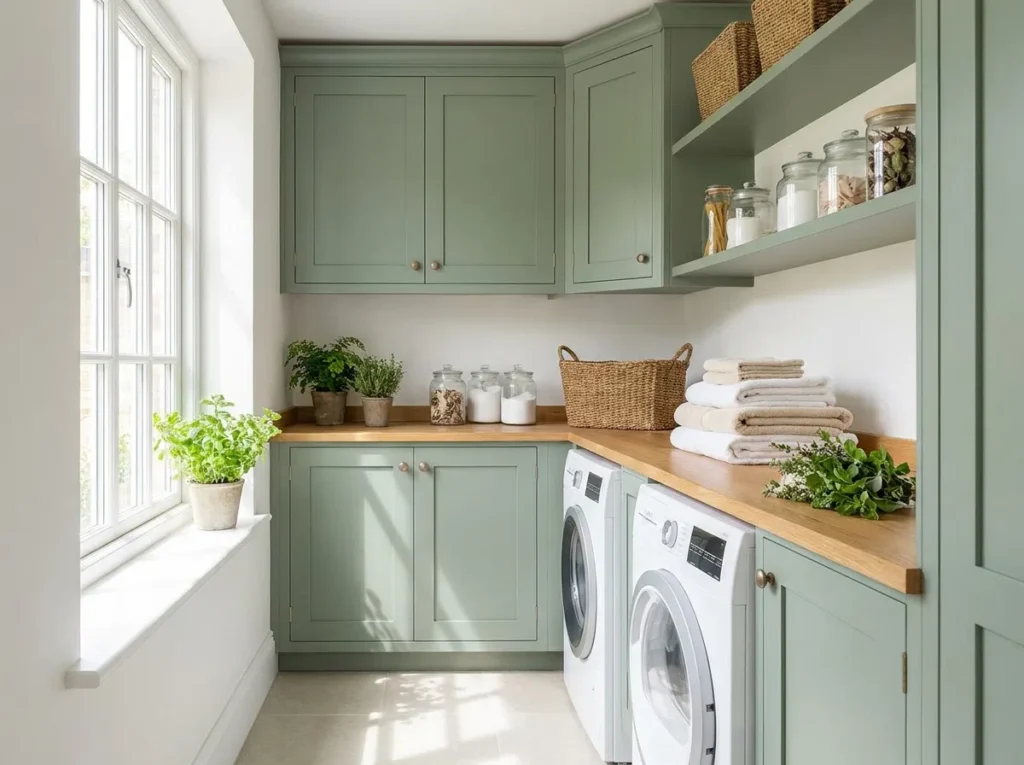 Real-life photograph of a bright airy laundry room with sage green cabinetry and white walls, white washer and dryer, neatly folded stack of towels on a light wood counter, beautifully arranged woven baskets and glass jars, organized and clean styling, large window with bright natural light flooding the room, soft shadows, fresh vibrant green tones, 2:3 vertical composition, stock photography, no illustration, no 3D render.