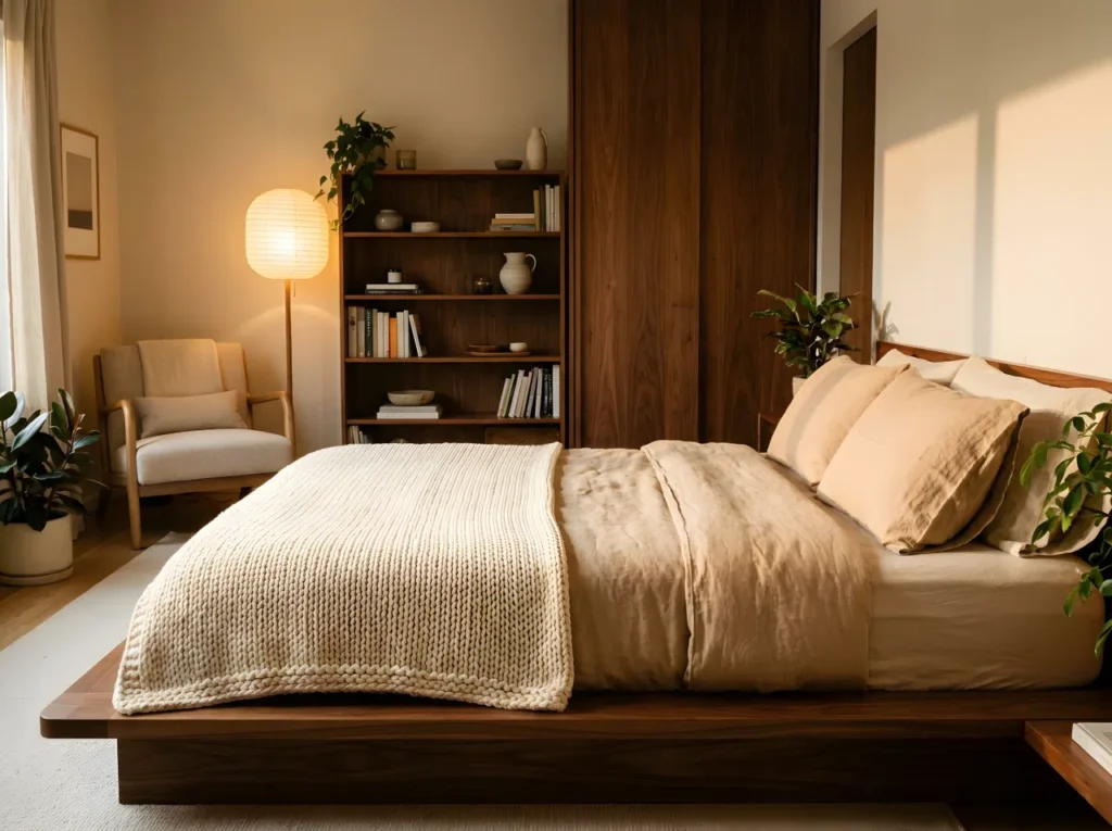 Real-life photograph of a Japandi style bedroom, low wood bed frame neatly made with a chunky knit throw and warm beige linens, beautifully arranged reading nook with a floor lamp glowing softly in the corner, organized and clean styling, warm ambient afternoon light, rich wood tones with soft shadows, vibrant cozy atmosphere, 2:3 vertical composition, no people, no text overlays.