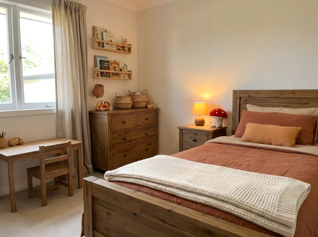 Real-life photo of a warm, cozy kids bedroom with soft beige and terracotta tones, textured knit blanket neatly folded on the bed, wooden furniture, a small reading lamp glowing softly, small red mushroom-shaped plush toy resting on the neatly made bed, warm natural light, beautifully arranged, organized, clean, no people, no text overlays