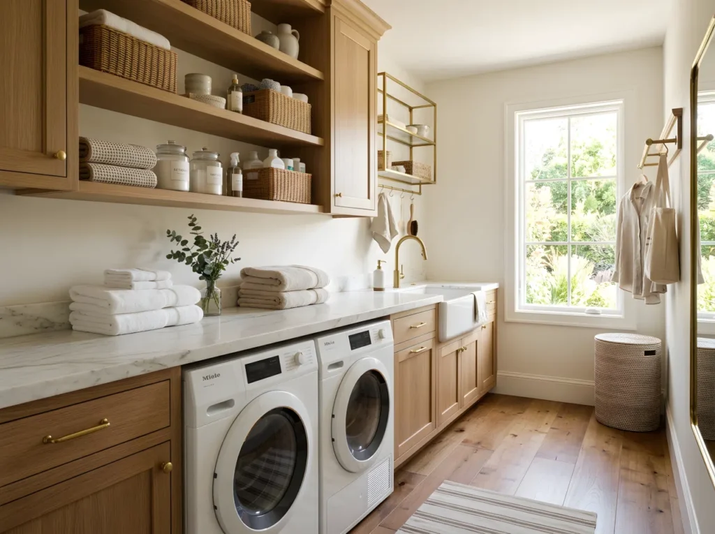Real-life photo of a luxury laundry room, wide angle view showing warm wood cabinetry paired with white marble folding counter, brass hardware accents, neatly folded towels and organized woven baskets on open shelving, soft natural light streaming through a window, clean, beautifully arranged, organized space, vibrant warm tones, stock photography style, no illustration, no 3D render.