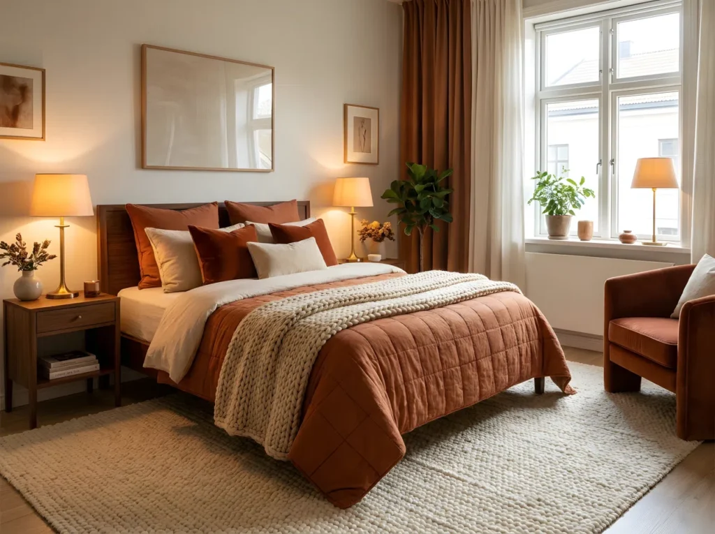 A luxury bedroom featuring a neatly made luxury bed layered with warm terracotta and cream textiles, soft brass lamp lighting, a plush wool rug and velvet throw, beautifully arranged and organized, bright natural light blending with warm ambient glow, real-life stock photography style, vibrant warm tones, 2:3 vertical format, no people, no text overlay, Pinterest-ready composition.