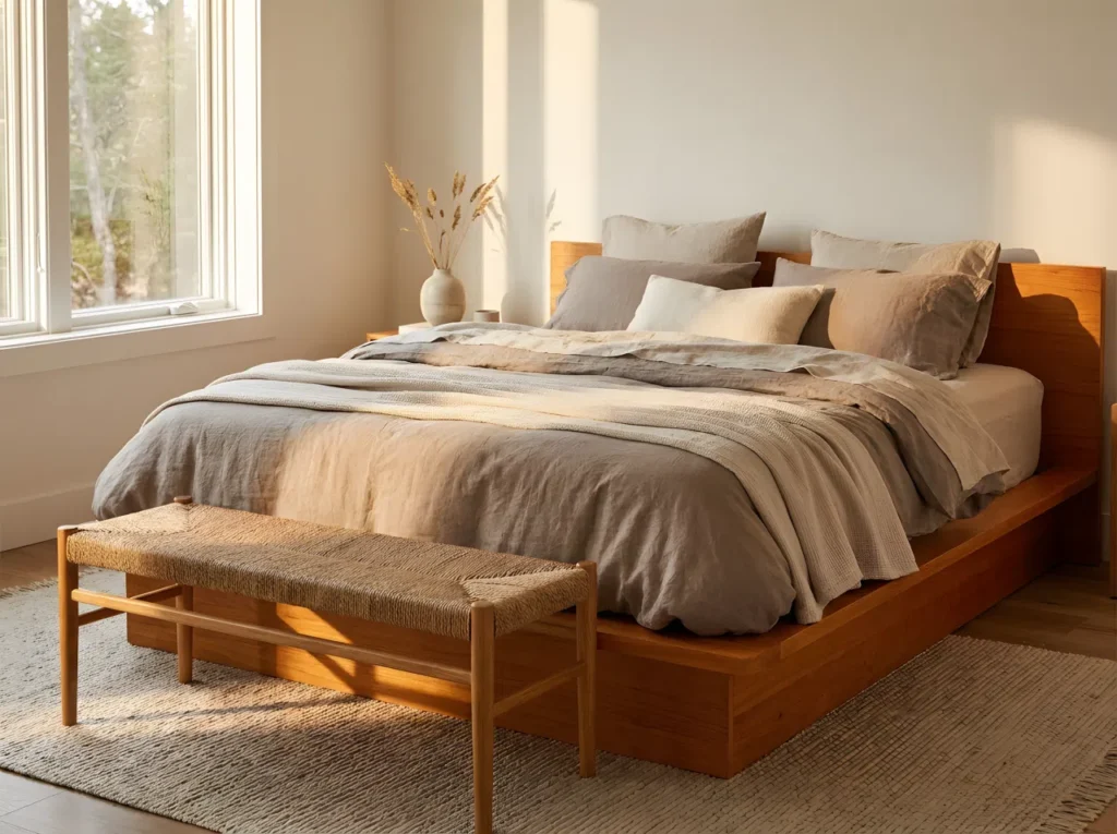 Real-life photo of a minimalist bedroom with a warm wood platform bed, layered linen bedding in soft taupe and cream tones, a woven bench at the foot of the bed, gentle warm natural light, beautifully arranged, organized, clean, inviting and cozy atmosphere, vibrant warm tones, Pinterest-ready, vertical 2:3 composition, no people, no text overlay.