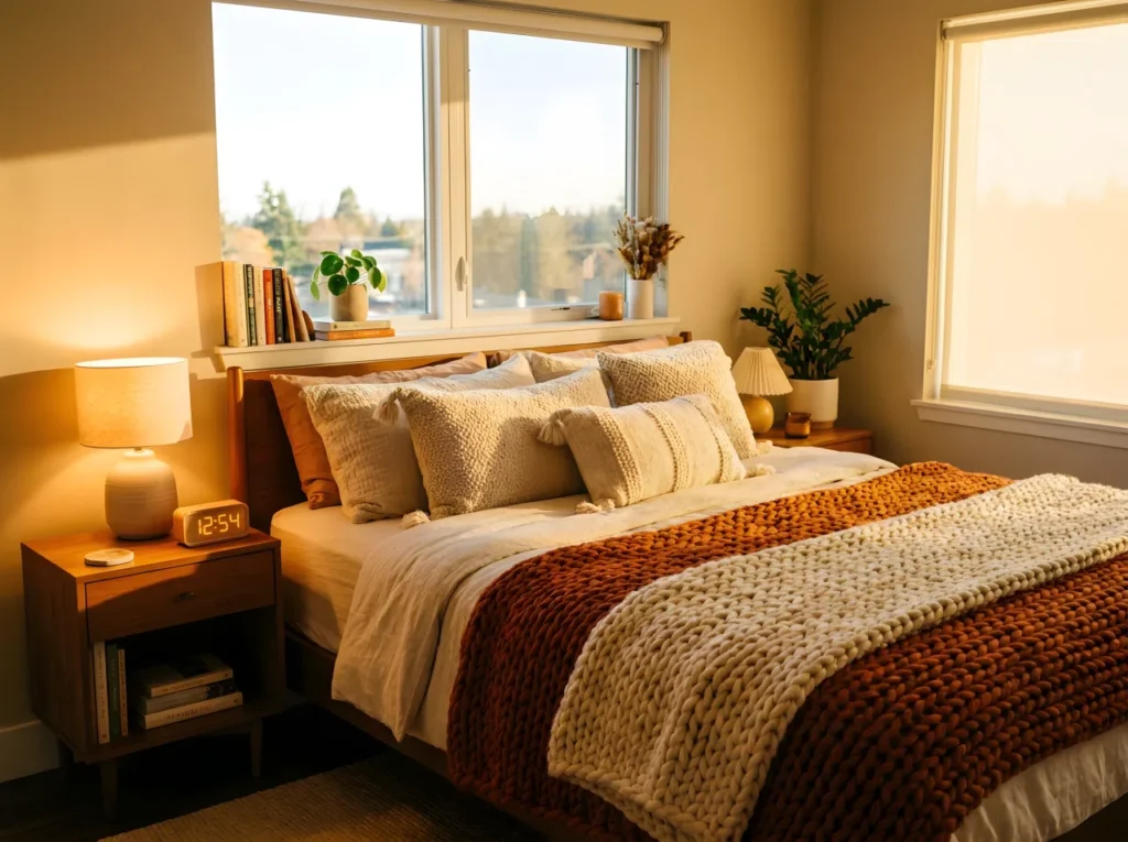 A real-life photograph of a modern bedroom at golden hour, featuring a neatly made bed layered with chunky knit throws and textured pillows, a warm-toned digital clock glowing softly on the nightstand, warm bedside lamp light, beautifully arranged and organized, cozy and inviting, vibrant warm tones, Pinterest-ready stock photography, vertical 2:3 format, no people, no text overlays.