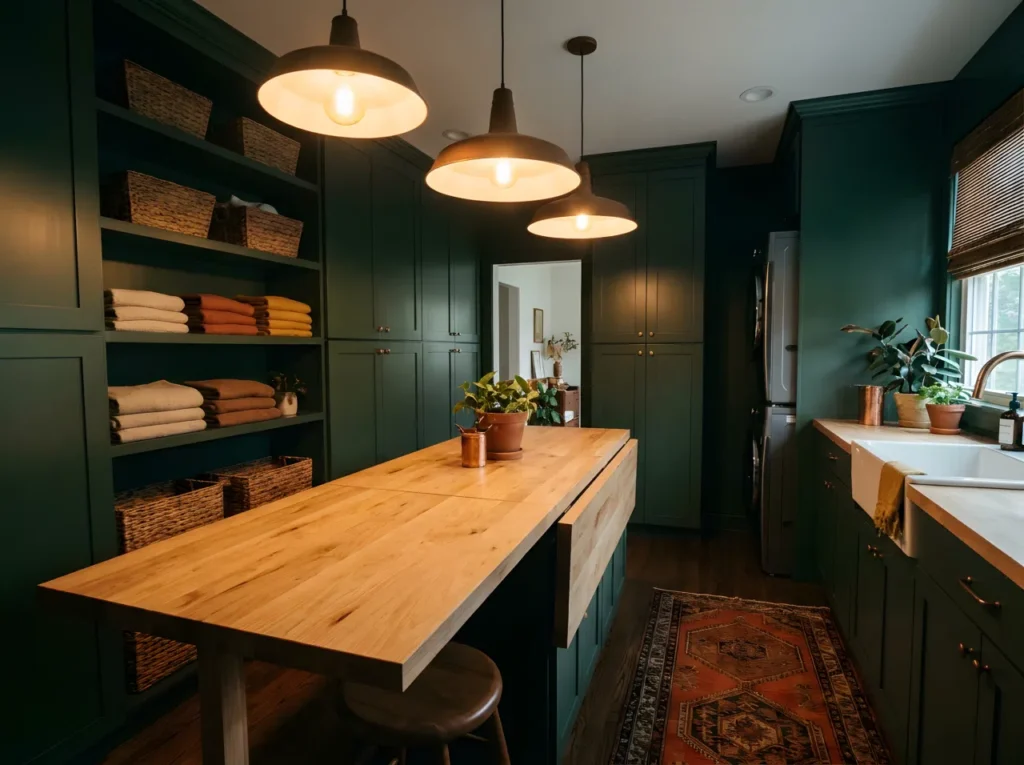A real-life moody laundry room glowing with warm pendant lighting positioned over a folding counter, deep forest green cabinetry, natural wood countertop, woven baskets neatly arranged on open shelving, folded linens in warm neutral tones, soft warm light pooling across the space, inviting and cocooned atmosphere, clean and organized, vibrant warm accents, beautifully arranged, no people, no text overlay, vertical 2:3 composition.