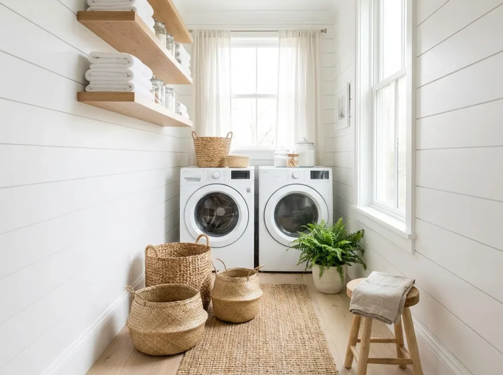 Real-life photo of a narrow laundry room bathed in bright natural light, white walls, stacked washer and dryer, floating shelves neatly made with folded white towels, beautifully arranged woven baskets on the floor, organized and clean space, fresh airy atmosphere, vibrant natural colors, vertical 2:3 composition, stock photography style