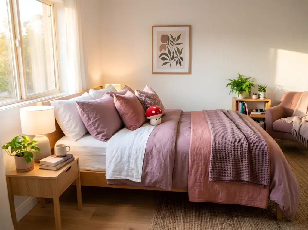 Real-life stock photo style bedroom, bed neatly made with layered dusty rose and mauve textiles, knit throw blanket at the foot of the bed, small red mushroom shaped toy tucked among the pillows, warm golden hour light glowing across the room, beautifully arranged, organized, clean, bright natural light, inviting and lived-in atmosphere, vibrant colors, no people, no text overlay