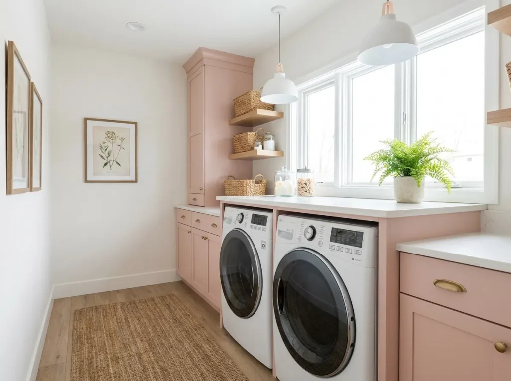 A wide-angle, real-life stock photo of a beautiful laundry room showcasing inspiring pink color schemes laundry room ideas. Modern front-load washing machines are built seamlessly into elegant blush pink cabinetry. Above the appliances, a clean white quartz folding countertop is neatly made. Open wooden shelves are beautifully arranged and organized with natural wicker baskets, clear glass jars, and a small potted plant. Large windows let in bright natural light that floods the room, while modern pendant lights are positioned directly above the main workspace, casting a soft downward glow that eliminates shadows. The entire space is clean, vibrant, functional, and perfect as an inspiring interior design reference. High-quality household interior photography.