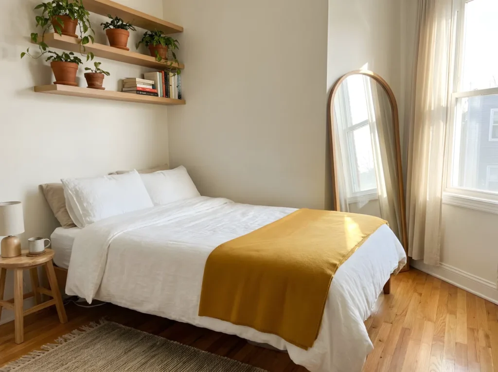 Stock photography, real-life aesthetic compact small bedroom interior, snug bedroom space with a neatly made bed tucked flush against the wall, crisp white linen duvet and vibrant mustard yellow throw blanket RGB(229, 169, 59), floating oak wall shelves displaying green potted plants, an arched floor mirror in a tight corner reflecting sunlight, beautifully arranged bedside decor, organized layout, clean hardwood flooring, bright natural light filling the cozy tiny room from a large window, Pinterest-ready aesthetic.