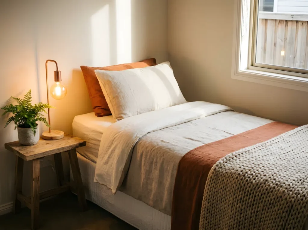 A small guest bedroom with a single bed dressed in warm neutral bedding, folded knit throw at the foot of the bed, a bedside lamp glowing softly at reading height, wooden nightstand with a small plant, bright natural light mixed with warm lamp light, neatly made and beautifully arranged, real-life stock photography style, vibrant warm tones, no people, no text overlay