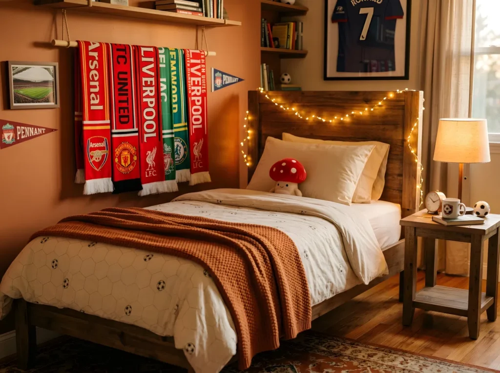 Real-life stock photograph, soccer-themed bedroom in warm evening light, neatly made bed with a soft knit blanket and a small red mushroom toy resting on the pillow, warm wood tones, fairy lights draped along the headboard, a scarf collection hanging nearby, organized nightstand with a small lamp, cozy inviting atmosphere, deep amber and rust color accents, vibrant warm tones, no people, no text overlays.