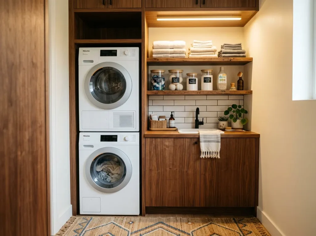 Real-life photograph of a compact stacked laundry room, warm wood-toned cabinetry framing the stacked washer and dryer, soft golden natural light mixing with a warm LED light bar mounted above the counter, neatly folded linens and organized glass jars beautifully arranged on open shelving, cozy textured rug on the floor, clean inviting atmosphere, vibrant warm color palette, 2:3 vertical format, no people, eye-level angle