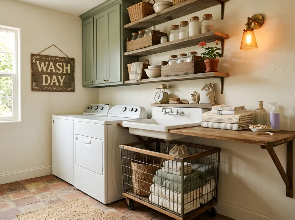 A warm and cozy vintage laundry room with sage green cabinetry and cream walls, weathered wooden crates on open shelving, a rolling vintage laundry cart with folded towels, hand-painted Wash Day sign above the washer, warm ambient sconce light angled beside the folding counter, neatly made, beautifully arranged, organized, clean, vertical composition, real-life stock photography style, no people, no text overlays