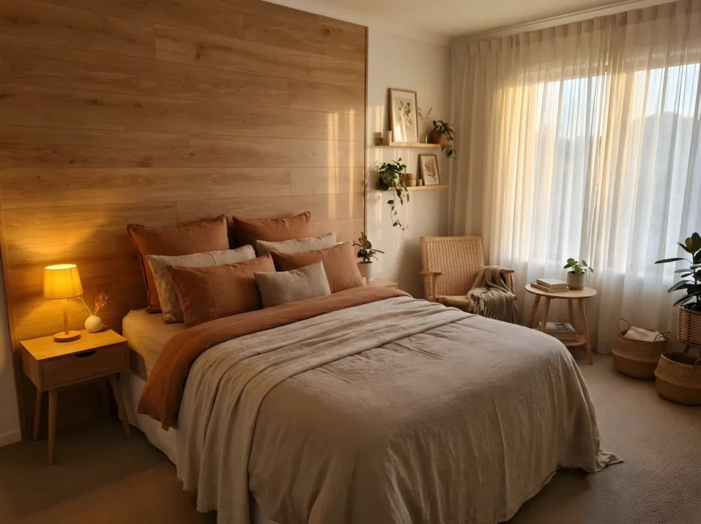 A wide-angle real-life interior photography shot of a serene warm aesthetic bedroom sanctuary. In the center, a neatly made bed features layered textured linen bedding and decorative pillows in warm terracotta RGB(204, 78, 36) and beige RGB(245, 235, 220). The room includes a warm oak wood accent wall, an organized nightstand with a low-level bedside lamp casting a gentle golden glow, and a small cozy reading corner nearby. Beautifully arranged decor, clean floor, bright natural light streaming softly through sheer window curtains blending with golden ambient light, vibrant earthy color palette, Pinterest-ready residential home setting.