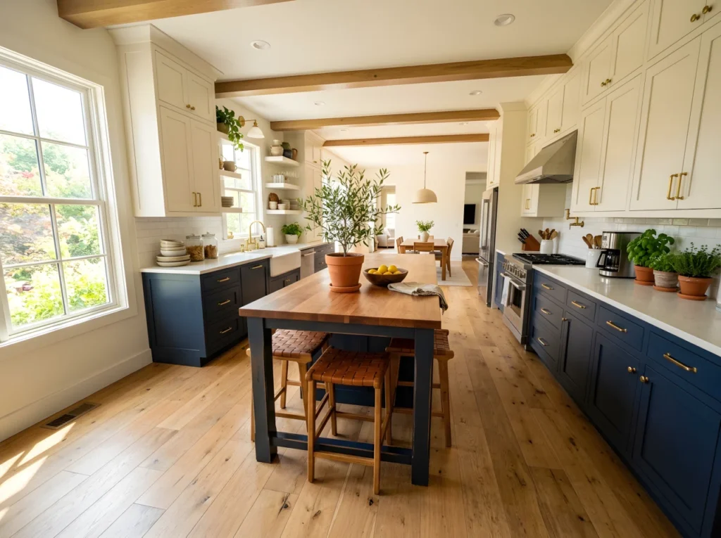 Wide-angle stock photograph of a bright, inviting kitchen showcasing a mix of two-tone cabinets, warm wood island, and brass hardware, full room visible from a dramatic low wide camera angle, morning natural light pouring through a large window, vibrant and lively colors, neatly styled countertops with a few plants and dishware, photographic realism, no illustration, no text overlay.