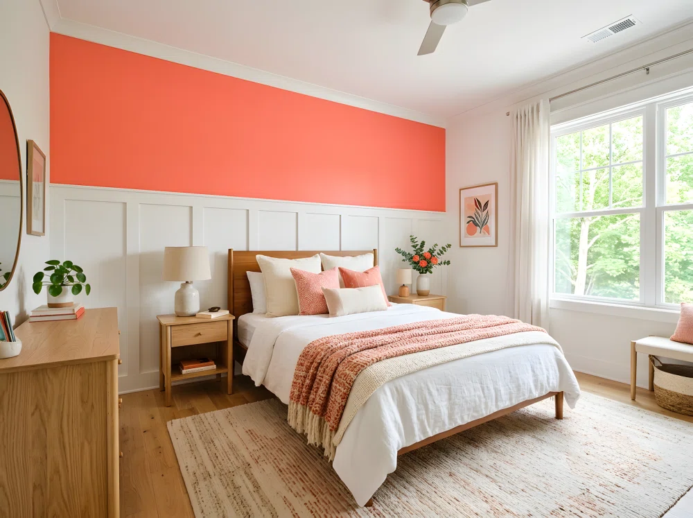 Wide-angle photograph of a bedroom, single accent wall painted playful vibrant coral (RGB 255,111,97) behind the bed, board and batten paneling detail, neatly styled bed with layered pillows and throw, wood furniture, large window with natural light pouring in, rest of walls soft white, dramatic wide camera angle capturing the full room, stock photography style, vibrant saturated colors, Pinterest-ready aesthetic.