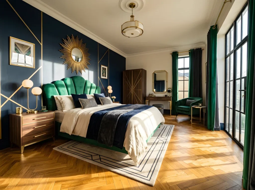 Wide-angle photograph of a full art deco bedroom, scalloped emerald green velvet headboard as the centerpiece, brushed brass and gold accents throughout on lamps and hardware, a herringbone parquet wood floor, a sunburst mirror on the far wall reflecting window light, deep navy and charcoal tones balanced with cream bedding, dramatic low wide camera angle capturing the full depth and geometry of the room, bright natural light streaming in from a large window casting long dramatic shadows, vibrant rich color grading, DSLR editorial stock photography style, ultra-detailed textures.
