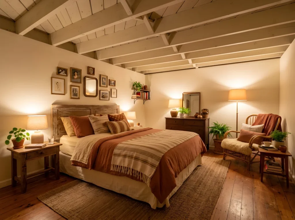 Wide-angle photography of a complete cozy basement bedroom, no windows visible anywhere in the room, a neatly made bed with a secondhand wooden headboard and layered cream and terracotta bedding as the central focus, a small reading nook with a rattan armchair in the corner, warm layered lighting from a low bedside lamp, a mid-height dresser lamp, and a corner uplight aimed at the ceiling to simulate daylight, exposed painted ceiling beams emphasizing a low basement ceiling, warm wood flooring layered with a thick jute rug, vibrant terracotta, cream, and warm wood tones throughout, gallery wall styled above the headboard, dramatic wide room camera angle showing the full space, stock photography style, ultra-detailed, 4k.