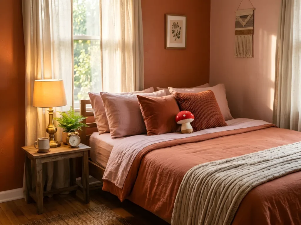 A real-life vertical stock photograph (2:3 aspect ratio) of a warm, inviting bedroom with terracotta and dusty pink tones on the walls and bedding (RGB 204, 106, 78 and RGB 217, 168, 175), a neatly made bed layered with knit throws and velvet pillows, a small red mushroom toy tucked among the pillows, warm brass bedside lamp casting soft ambient light, golden hour natural light through a linen curtain, beautifully arranged and organized, shot in real stock photography style, no people, no text overlays.