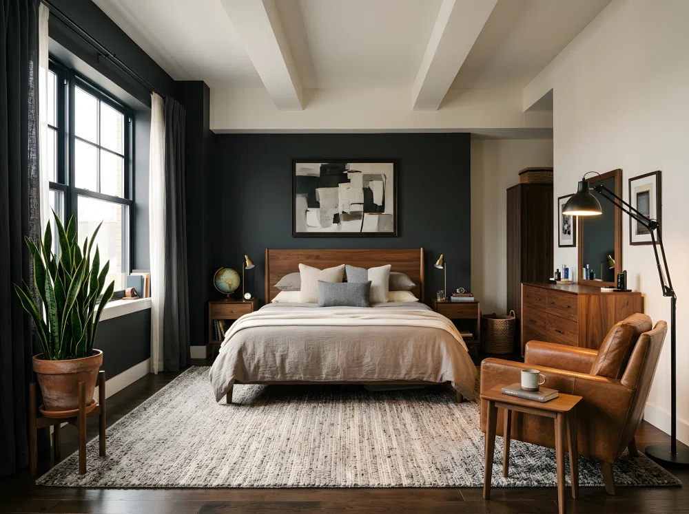 Wide-angle photograph of a complete real men's bedroom, moody charcoal accent wall paired with warm walnut furniture, layered neutral bedding in taupe and cream, a leather accent chair in the corner, tall snake plant beside the window, warm ambient lighting from a floor lamp and soft natural daylight from a large window, dramatic wide camera angle capturing the full room from a slightly low perspective, vibrant true-to-life color, shot like a high-end interiors magazine cover photo, realistic photography style, not a 3D render or illustration.