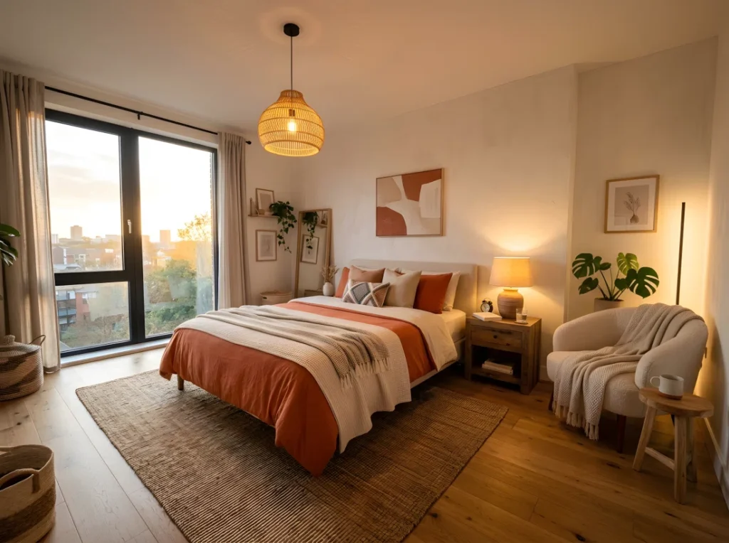 A wide-angle photograph of an inviting modern bedroom captured at golden hour, multiple layered light sources visible at once: a warm pendant lamp hanging above the bed, a glowing ceramic table lamp on the nightstand, and soft ambient wall wash near a reading chair in the corner, each source casting a distinct warm pool of light across the room while natural evening light spills in from a large window on the side, neatly made bed with vibrant terracotta and cream bedding, beautifully arranged decor throughout, dramatic wide camera angle capturing the full depth and layered glow of the room, photographic stock-image realism, no illustration or render style, clean and organized space.