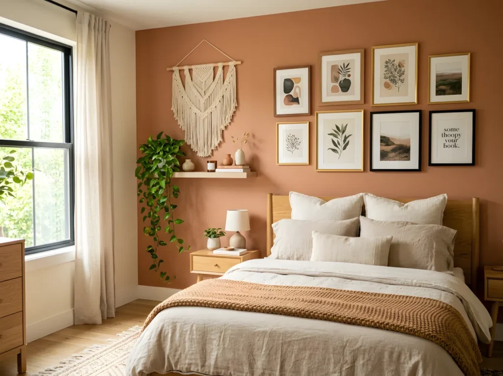 Photo-realistic bedroom interior shot from a slightly wide angle showing a neatly styled accent wall combining a small curated gallery of mixed-frame art, a woven macrame hanging, and a floating shelf with a trailing plant, neatly made bed with warm neutral linen bedding in the foreground, bright natural light streaming in from a side window, vibrant yet cohesive color palette, clean organized Pinterest-ready composition, shot on a DSLR with shallow depth of field, cozy aspirational bedroom atmosphere.