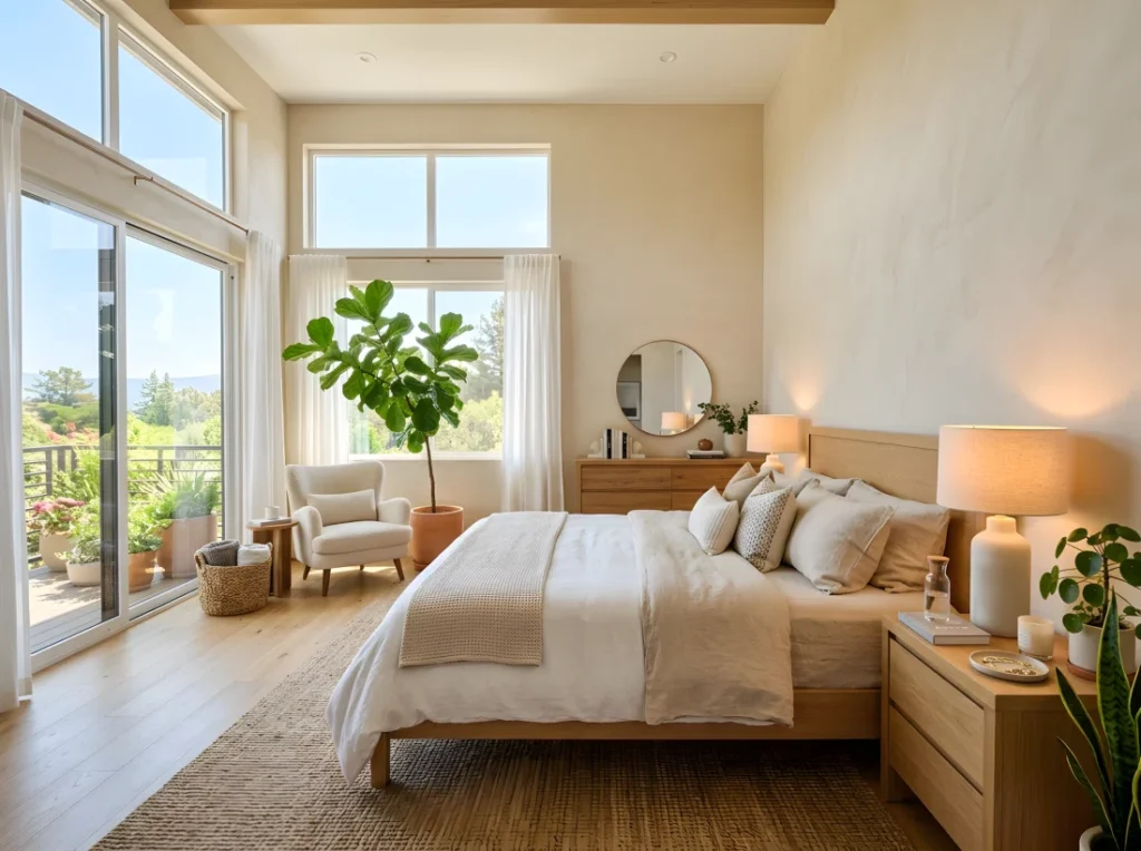 Wide angle interior stock photography of a stunning master bedroom showcasing warm beige walls (RGB 235, 224, 207) with a subtle limewash texture, neatly made bed with layered sand beige and crisp white linen bedding, beautifully arranged light oak nightstands with modern ceramic lamps, organized and clean layout, vibrant indoor plants adding natural green accents, wide dramatic low-angle perspective capturing the entire spacious room, flooded with bright natural light streaming through large floor-to-ceiling windows.
