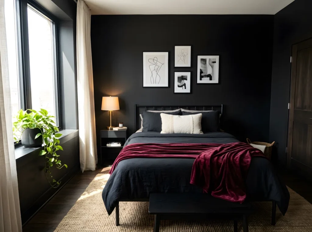 Wide-angle real photo of a complete black bedroom, matte black walls and black bed frame with neatly made black bedding layered with a burgundy velvet throw, one bouclé cream accent pillow, black nightstand with warm brass table lamp, trailing pothos plant in black ceramic pot near a window, sheer curtains partially open letting bright natural light stream across the room, natural jute rug peeking from under the bed, thin black-framed art prints on the wall, dramatic wide camera angle capturing the full room from corner to corner, photographic stock photo style, vibrant warm tones mixed with deep black, organized and Pinterest-ready styling, wall color RGB 15,15,15