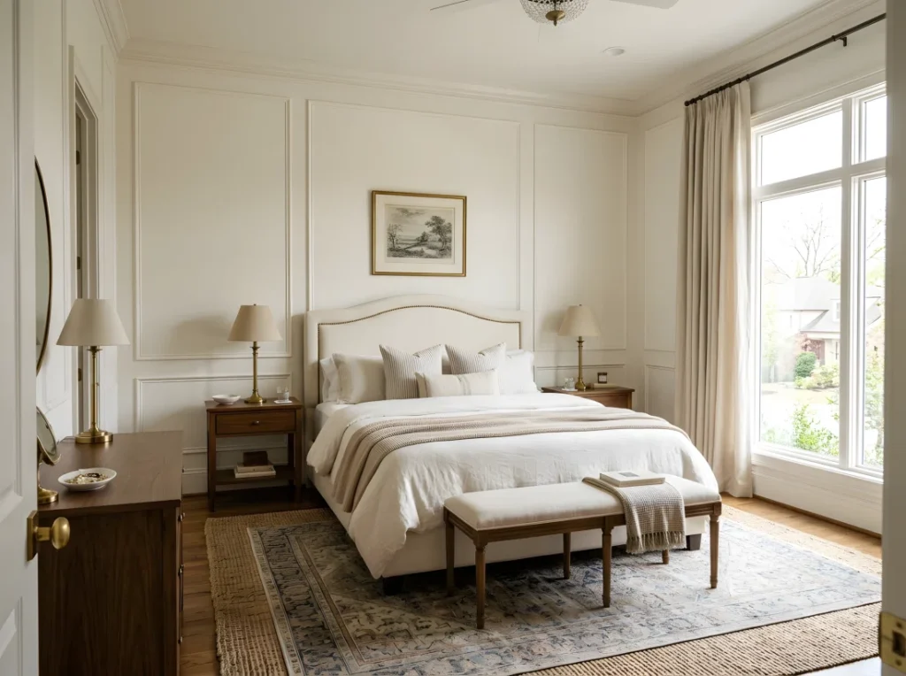 Wide-angle real-life photo of a complete classic bedroom, upholstered ivory headboard with symmetrical walnut nightstands and brass lamps on either side, soft neutral bedding neatly made, a wall with subtle picture-frame molding painted warm white, a layered jute and patterned rug at the foot of the bed, a slim bench, bright natural light pouring in from a large window with floor-to-ceiling drapery, dramatic wide camera angle capturing the entire room from a slightly low perspective, vibrant natural tones, photographic realism, not a 3D render or illustration.