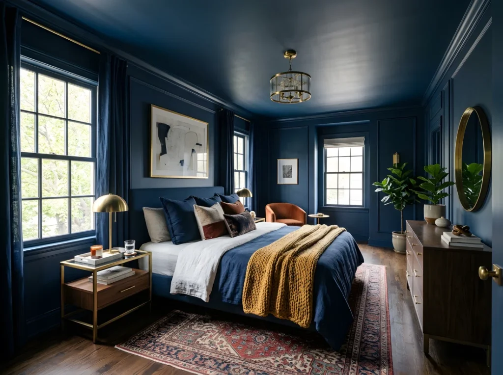 Wide-angle real-life photograph of a color-drenched primary bedroom, walls, ceiling and trim painted in deep navy blue (RGB 26,42,68), brass accents, layered linen bedding, a plush textured throw, neatly made and beautifully organized styling, soft bright natural morning light spilling in from a side window, dramatic wide camera angle capturing the entire immersive room, vibrant true-to-life color, photographic realism, stock-photo style, not a 3D render, not an illustration.
