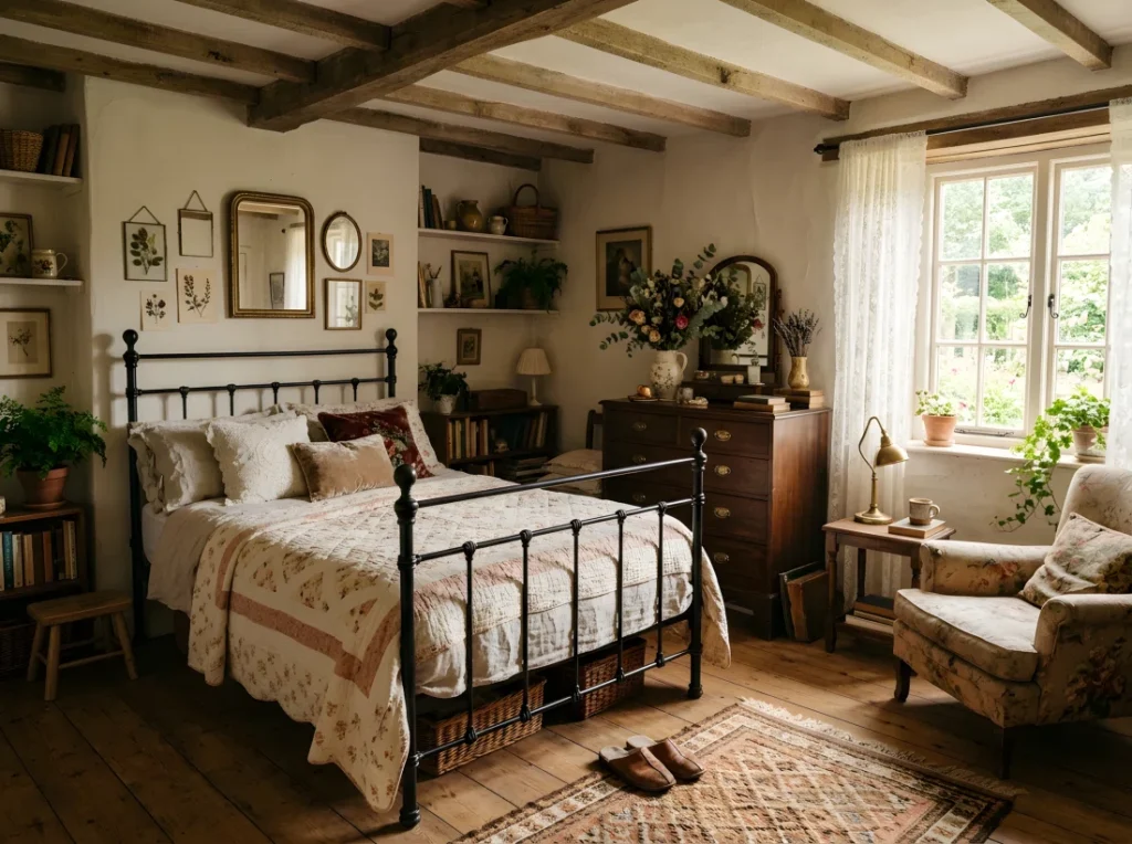 Wide-angle photograph of a complete cottagecore bedroom, an antique iron bed with a quilted cream and blush coverlet and layered pillows, a vintage wooden dresser topped with dried flowers in a ceramic vase, a faded floral armchair in the corner near a window, a sheer lace curtain filtering soft daylight across the room, a small woven rug on wood flooring, warm natural light coming from a side window, dramatic wide camera angle capturing the entire room from corner to corner, vibrant warm tones, shot on film, stock photography style, no visible text or watermark