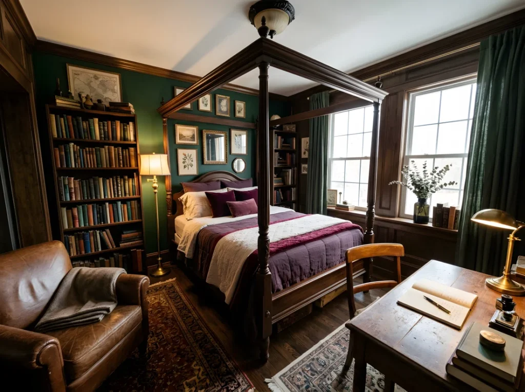 Wide-angle photograph of a complete dark academia bedroom, showing the full room from a dramatic low corner angle. A dark walnut four-poster bed dressed in deep plum and cream bedding sits against a deep forest green accent wall, flanked by a brass floor lamp glowing warm on one side and a tall bookshelf packed with hardcover books on the other. A vintage wooden desk with a lit brass lamp and open notebook sits near a window with heavy linen curtains, sunlight mixing with the lamp's warm glow. A worn leather armchair holds a folded wool throw in the foreground, dried eucalyptus in a dark glass vase resting on the windowsill beside a stack of books. Layered rugs on the wood floor, a small gallery of mismatched vintage frames above the headboard. Rich, saturated jewel tones throughout, deep greens, warm ambers, and burgundy, photographic realism with true stock-photo detail, dramatic wide camera angle capturing the full room from a slightly low, off-center vantage point, natural window light blending with warm lamp light.