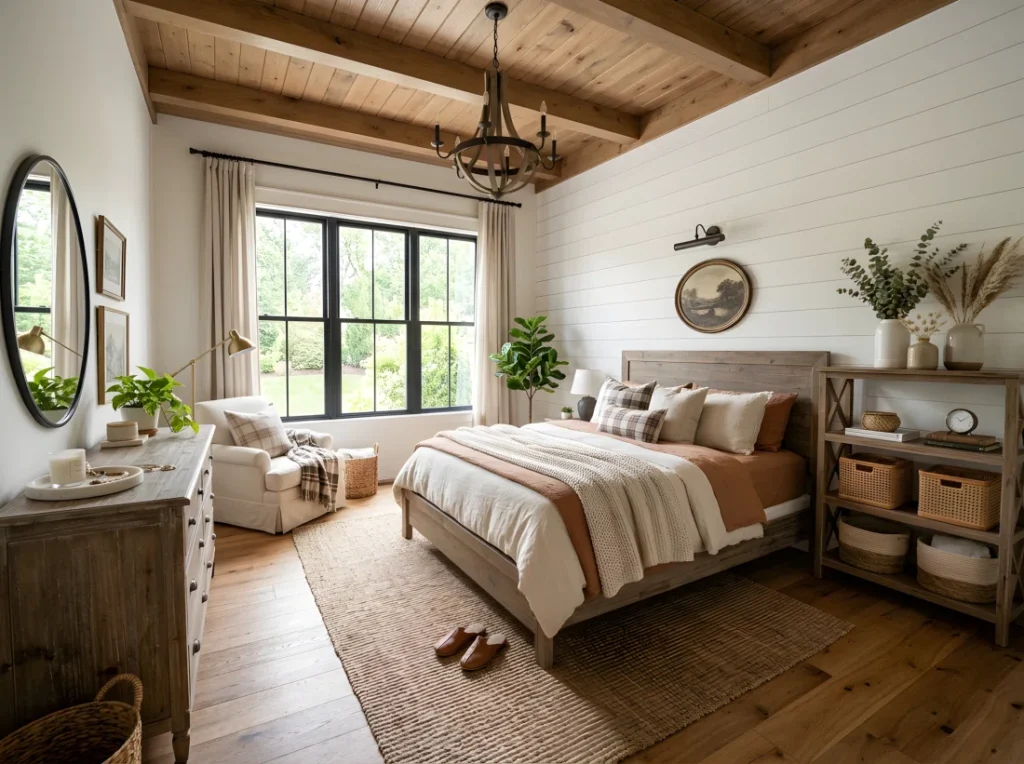 Wide-angle photographic shot of a complete modern farmhouse bedroom, real-life setting, shiplap paneled accent wall behind a low wood bed frame, a weathered wood dresser with an oval mirror on one side, an open wood shelf with woven baskets on the other, bright natural light pouring in from a large window, vibrant warm and natural color tones throughout, entire room visible from a dramatic wide camera angle showing depth from floor to ceiling, beautifully arranged and organized styling, shot on a DSLR with soft bright daylight, no people, high detail, stock photography style.