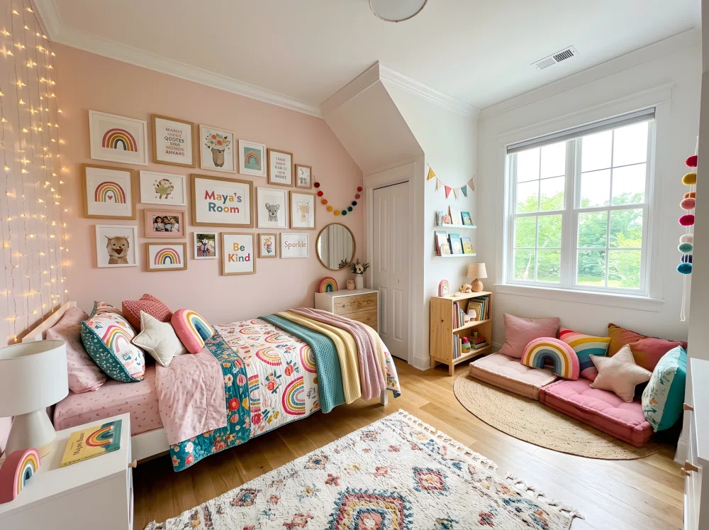 A wide-angle photograph of a beautifully styled girl's bedroom, colorful playful decor mixing soft pink and rainbow accent details, a neatly made bed with layered patterned bedding, a cozy reading corner with floor cushions in one part of the frame, string fairy lights along the headboard wall, a small gallery wall with framed art, bright natural daylight streaming through a large window, vibrant and lively color palette, stock photography style, dramatic wide camera angle capturing the full room, neatly arranged and organized, Pinterest-ready aesthetic