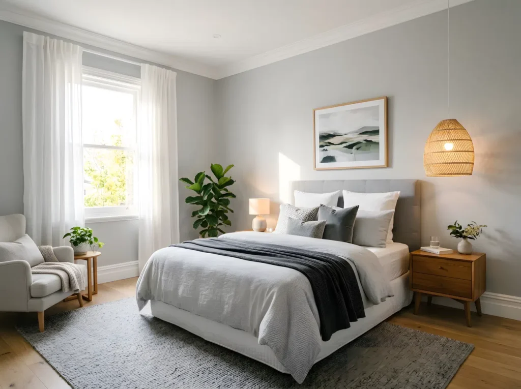 A bright, elegant grey bedroom used as a featured cover image, soft light grey walls (RGB 190,190,190) paired with crisp white trim, a neatly styled queen bed with layered linen and grey bedding, a woven pendant light hanging above one side of the bed casting warm ambient light, a small accent chair and wood nightstand in the frame, natural window light entering from the left side illuminating the room evenly, wide eye-level camera angle capturing the entire room from wall to wall, realistic photography style, vibrant yet soft color palette, clean and inspiring Pinterest-style composition.