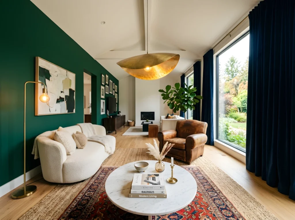 Wide-angle real-life photo of a luxurious living room, low curved cream bouclé sofa paired with a sculptural vintage leather armchair, marble coffee table styled with a stack of books and a small ceramic bowl, deep emerald accent wall (RGB 6, 78, 59) on one side, floor-to-ceiling navy velvet curtains framing a large window, layered jute and patterned wool rugs underfoot, oversized brass pendant light hanging low over the seating area, mix of brass and matte black metal accents, bright natural daylight pouring in and mixing with warm ambient lamp light, dramatic wide camera angle capturing the entire room from a low corner to show scale and layout, vibrant rich saturated tones, photographic stock-photo style, no illustration, no render.