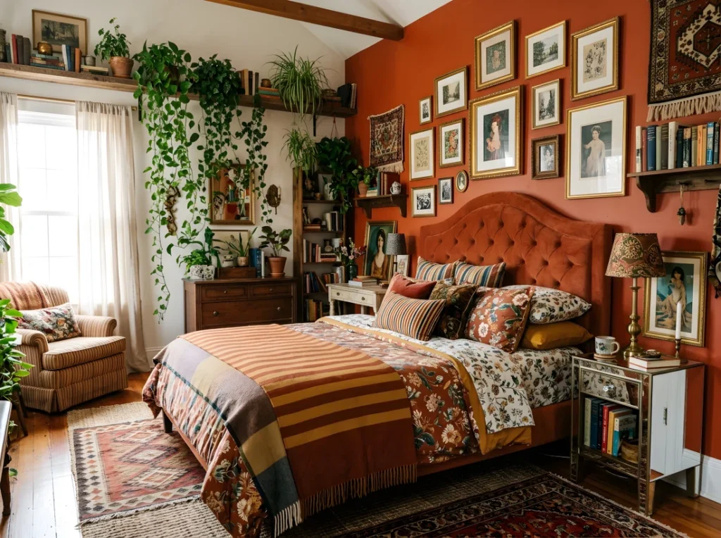 Wide angle photograph of a real maximalist bedroom interior, layered patterned bedding mixing florals and stripes unified by a warm terracotta color thread, tufted curved velvet headboard as the focal point, gallery wall of mismatched vintage frames above a console table, trailing plants cascading from a high shelf, mirrored nightstand catching reflected light, layered rug textures on the floor, vibrant saturated colors throughout, bright natural window light filling the room, dramatic wide camera angle capturing the full depth of the space, shot on a DSLR, editorial home magazine style, neatly styled and organized, no illustration no 3D render.