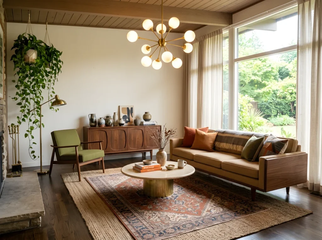 Wide-angle photograph of a complete mid century modern living room, low tapered-leg sofa in warm walnut and camel tones, sculptural walnut credenza with curated ceramic objects, round travertine coffee table, olive green accent chair, layered jute and patterned rugs, Sputnik-style pendant light above the seating area, trailing plant softening one corner, large window with sheer linen curtains letting in bright natural daylight, vibrant warm and earthy color palette with a pop of rust orange, dramatic low wide camera angle capturing the full depth and layout of the room, realistic stock-photo style, no illustration, no 3D render, no studio backdrop.