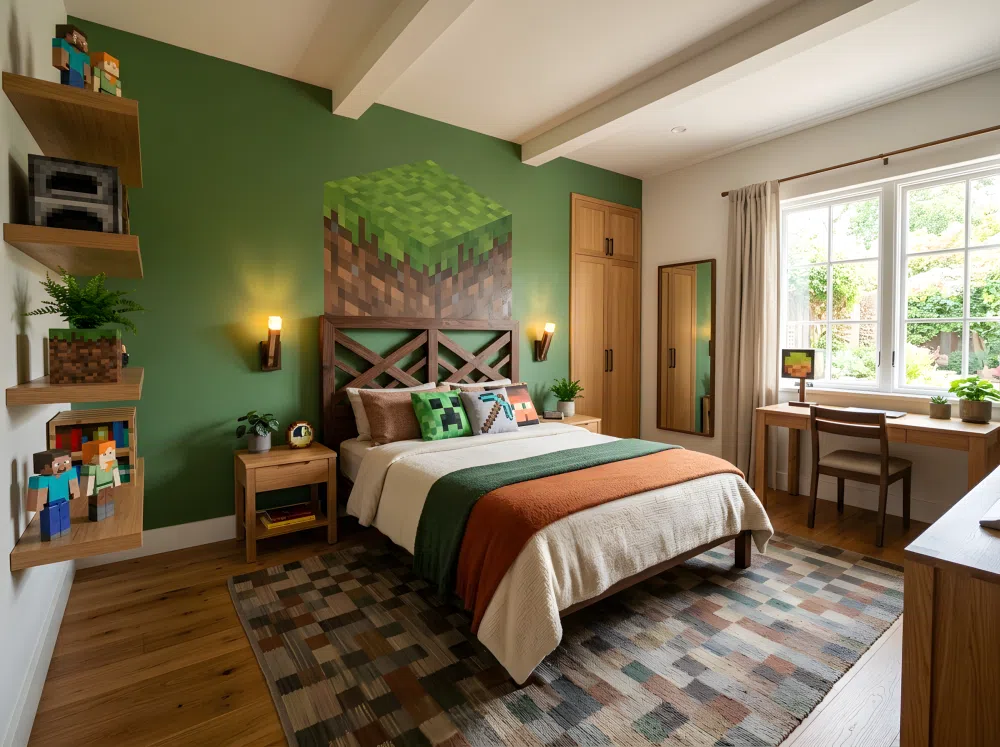 A wide-angle real-life photo of a beautifully styled Minecraft-inspired bedroom combining warm wood furniture, a moss green accent wall resembling a Minecraft grass block texture in a blocky voxel-inspired pattern, a wooden headboard with angular fence-style detailing, soft glowing torch sconces mounted on either side of the bed, a pixelated area rug in muted tones centered on the floor, small potted plants and floating shelves displaying Minecraft blocky voxel-inspired decor pieces, neatly made bed, bright natural light streaming through a window, clean and organized full room composition, photographic stock photo style, dramatic wide camera angle capturing the entire room, vibrant and inviting colors, Pinterest-ready aesthetic.