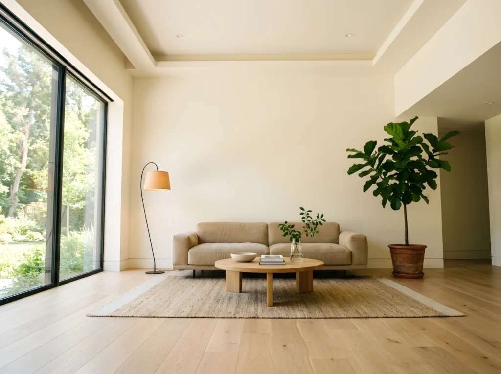 Wide-angle photograph of a full minimalist living room, shot from a low dramatic camera angle to capture the entire space from floor to ceiling. Warm neutral palette with creamy white walls, light oak flooring, a low sofa in soft sand upholstery, a round wood coffee table, one large leafy plant in the corner, and a single sculptural floor lamp. Bright natural daylight pouring in through a large window, soft shadows adding depth, vibrant true-to-life colors, clean and organized styling, editorial stock photography style, no illustration, no 3D render, no text or watermark overlay.