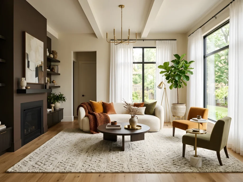 Wide-angle photograph of a complete modern living room styled as the article's hero shot: a curved boucle sofa layered with a knit throw and velvet cushions, a rich espresso accent wall on one side balanced by warm neutral tones elsewhere, a large area rug anchoring the seating, brass floor lamp and a large fiddle leaf fig plant in the corner, big window with sheer curtains letting in bright natural daylight, symmetrical furniture arrangement, vibrant warm and rich color tones throughout, shot from a slightly elevated dramatic angle showing the entire room, photorealistic interior photography, high detail, magazine-quality composition.