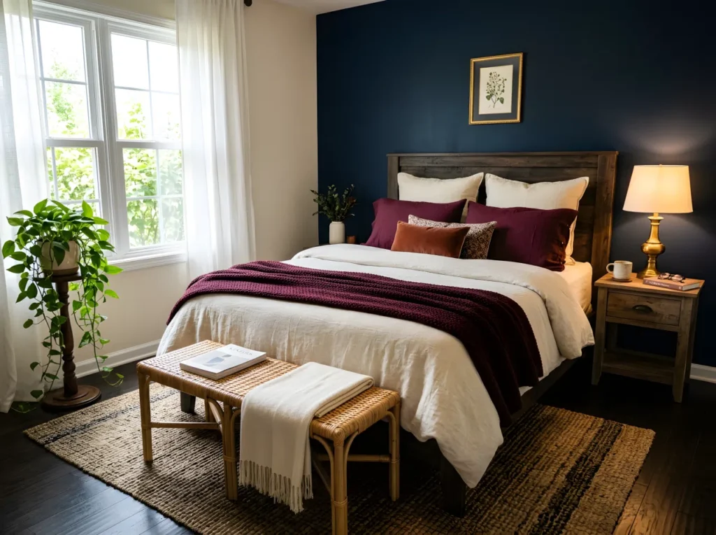 Real-life photo of a complete moody bedroom, deep navy blue accent wall (RGB 21, 32, 58) behind a wood headboard, neatly made bed layered with burgundy (RGB 89, 21, 33) and cream linen bedding, warm brass table lamp positioned low on the nightstand casting a soft glow, a woven rattan bench at the foot of the bed, small trailing plant on a wood stand near the window, bright natural daylight pouring in from a large window, clean and organized styling, Pinterest-ready composition, stock photography style, vibrant rich warm tones.