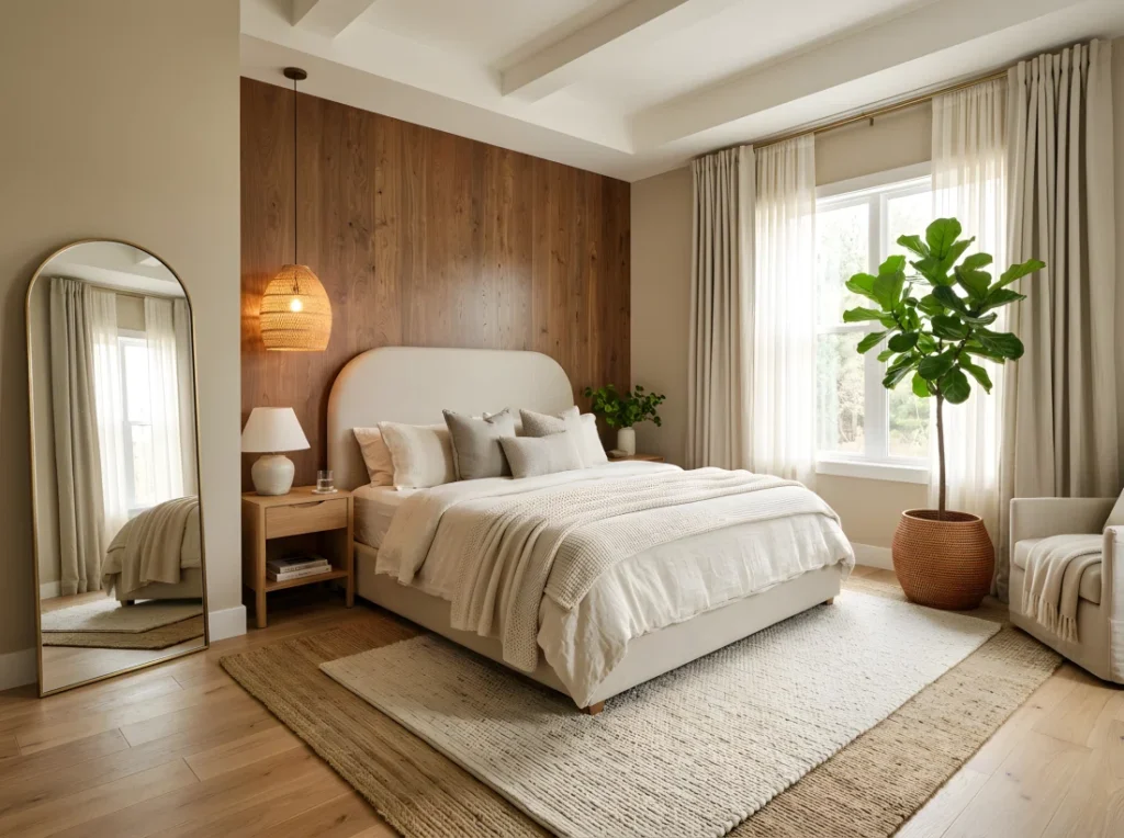 Wide-angle real-life photograph of a complete neutral bedroom sanctuary, warm beige and greige walls (RGB 210,198,180) with a wood-paneled accent wall behind a curved upholstered headboard, layered cream and oatmeal bedding neatly made, a jute rug layered under a smaller textured runner on the floor, a rattan pendant light hanging softly beside the bed casting a warm glow, sheer ivory curtains layered under linen drapes filtering bright natural daylight, a tall leafy plant in a woven terracotta planter in the corner, an oversized mirror leaning against the wall reflecting light back into the room, beautifully arranged and organized, clean and inviting, vibrant warm tones with true color depth, wide dramatic camera angle capturing the entire room from corner to corner, photographic stock-style image, no illustration or render.