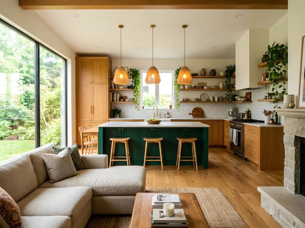 Wide-angle photograph of a bright open kitchen seamlessly connected to a living room, warm oak cabinetry paired with a vibrant emerald green island (RGB 0,66,54), pendant lights positioned directly above the island casting warm focused light, natural sunlight streaming in from a large side window, styled with ceramics and trailing greenery on open shelving, dramatic wide room perspective capturing the full open-concept flow, realistic stock photography style, vibrant and inviting color palette.