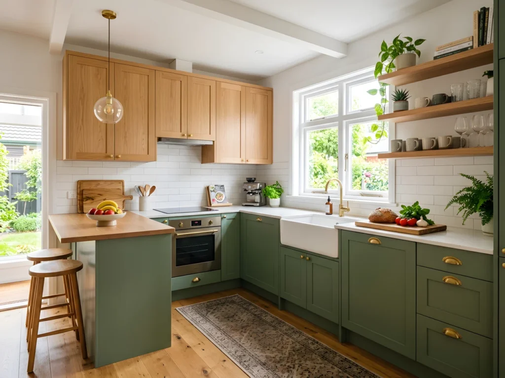 Wide-angle photograph of a small, stylish kitchen shown from a slightly elevated angle to capture the full layout, light wood cabinetry paired with sage green lower cabinets, brass hardware, open floating shelves with neatly arranged mugs and plants, a compact island with a single pendant light hanging low above it, warm natural daylight pouring in from a window above the sink and spreading across the countertop, fresh produce and a wooden cutting board on the counter suggesting everyday use, dramatic wide camera angle emphasizing the full width and depth of the room, vibrant rich colors with strong contrast between warm wood tones and cool sage green, shot on a professional camera, high resolution, realistic stock photography, no illustration or render style.