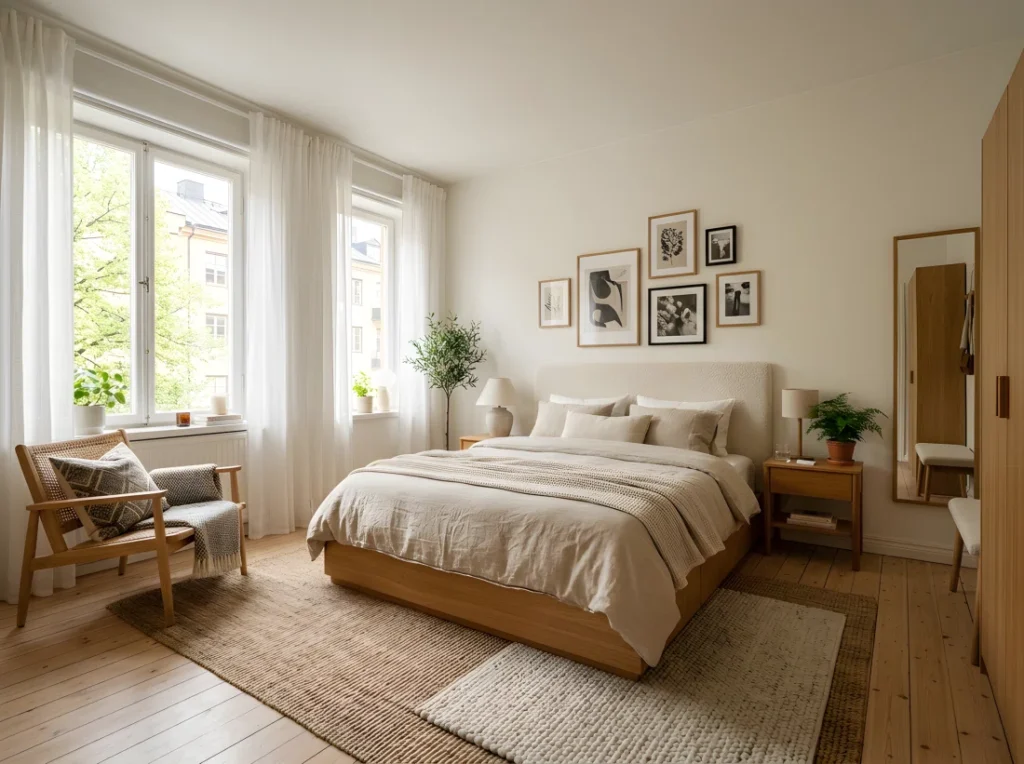 Wide-angle real photograph of a complete Stockholm style bedroom, low platform bed neatly made with warm oatmeal linen bedding, upholstered boucle headboard, sheer linen curtains letting soft natural light wash across the room, minimal gallery wall above the headboard, woven rattan accent and layered neutral rugs on the floor, warm wood tones throughout, clean organized and beautifully arranged styling, bright natural daylight, dramatic wide camera angle showing the entire room, photographic stock-photo style, vibrant true-to-life colors, no text.